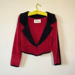 Vintage 80s Arlin Sweater Red Black Chenille Knit Hand Knit Cardigan Tux S/M